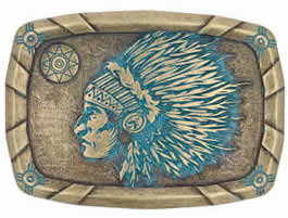 Buckle depicting Native American Chief with blue coloring